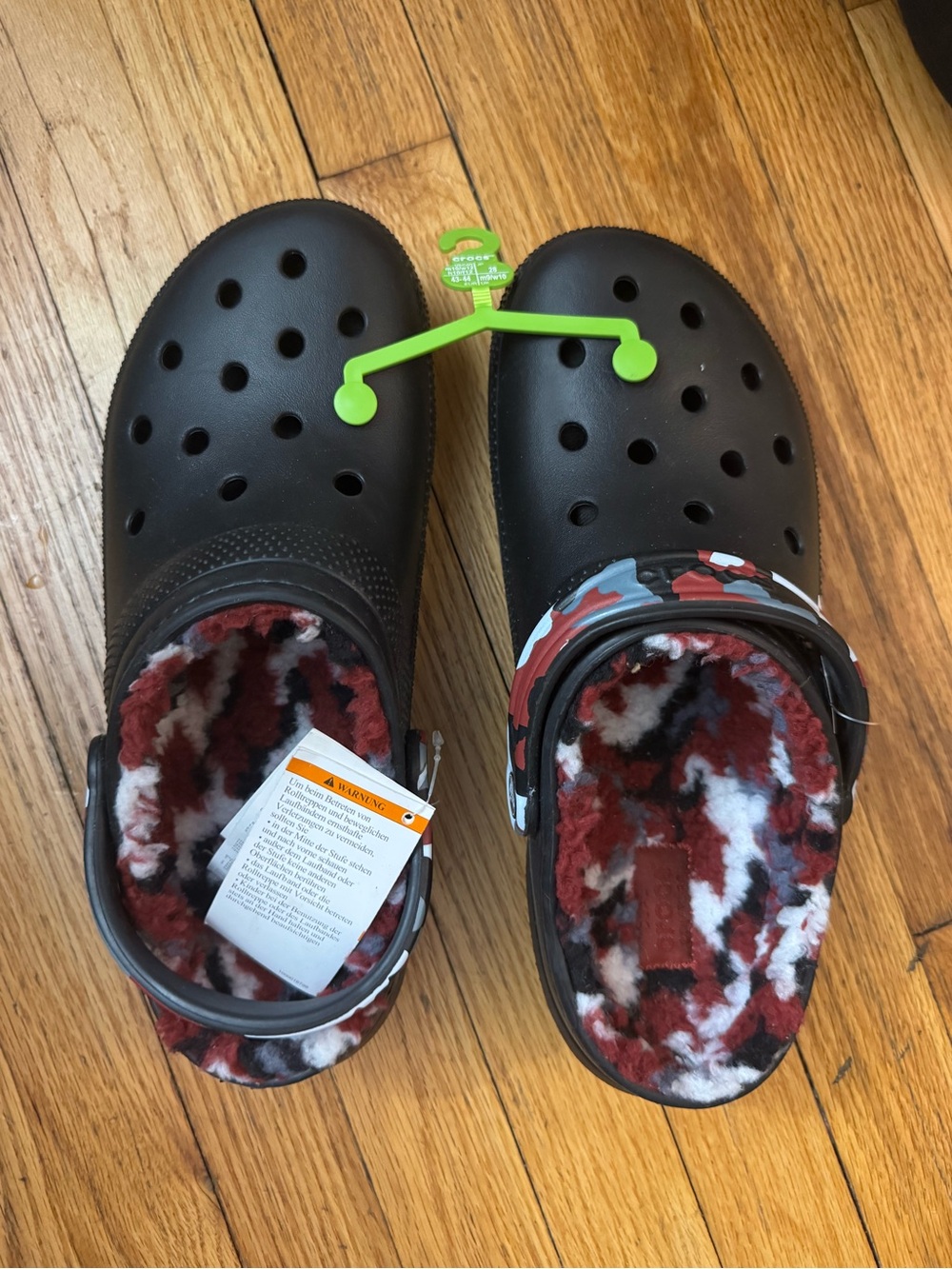 CROCS Black Clog with Red, White & Black Faux-Fur Lining